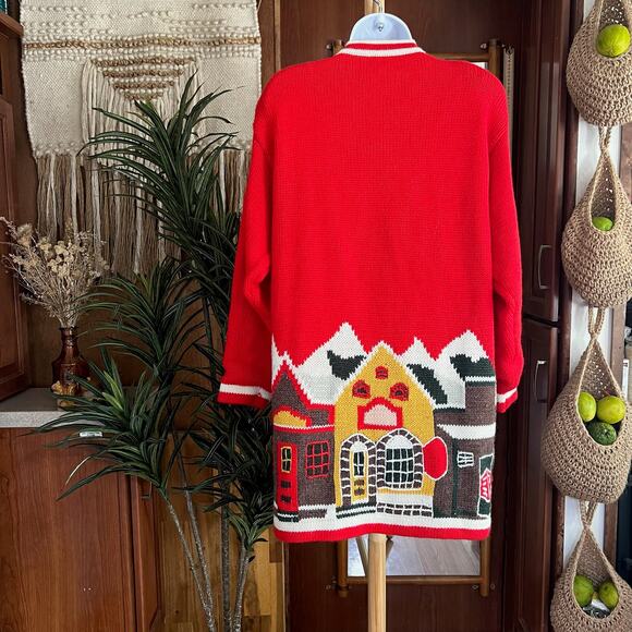 Vintage 80s Red Wool Coatigan Holiday Cabin Knit Sweater Jacket Xmas Cottagecore - Picture 2 of 10